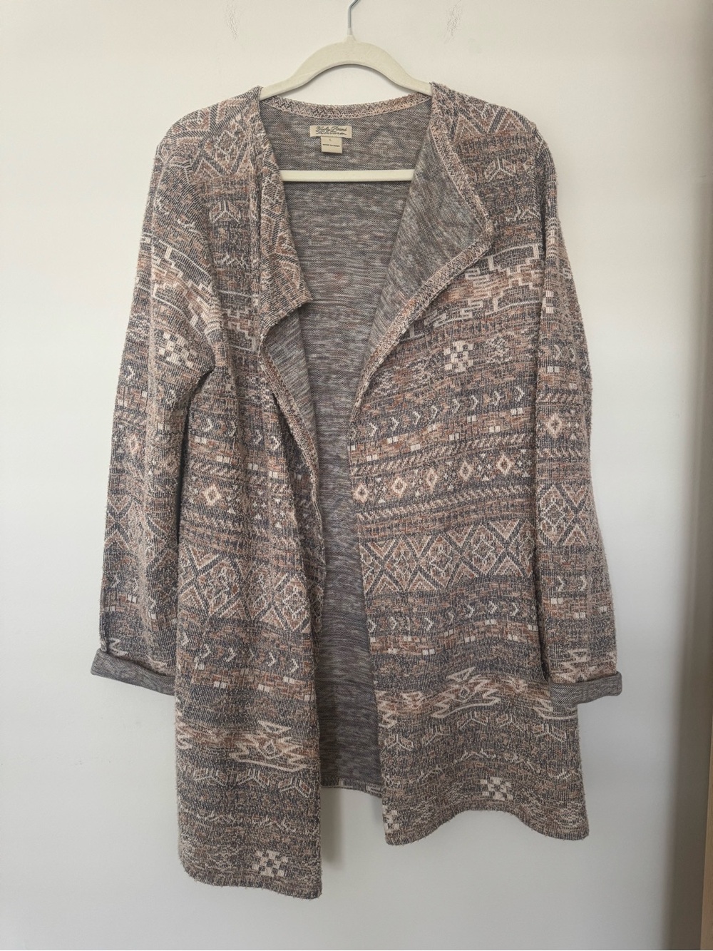 Lucky Brand Aztec Western Open Front Cardigan Cotton Linen Longline Gray L